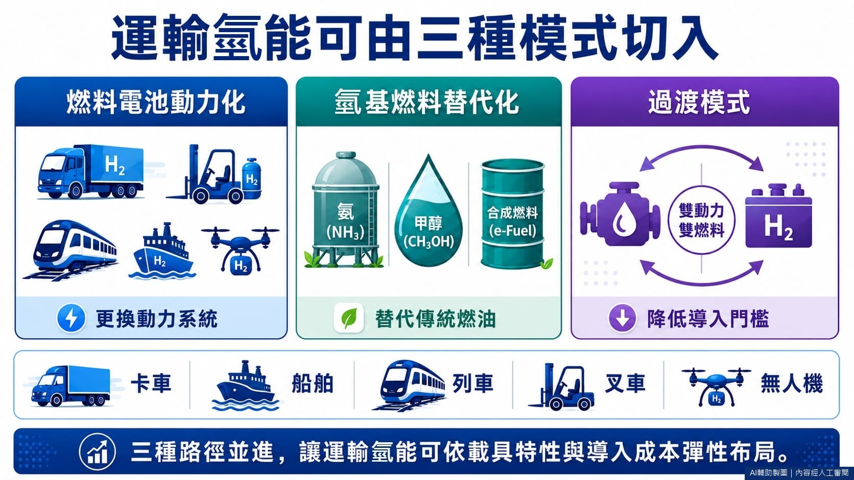運輸氫能可由三種模式切入